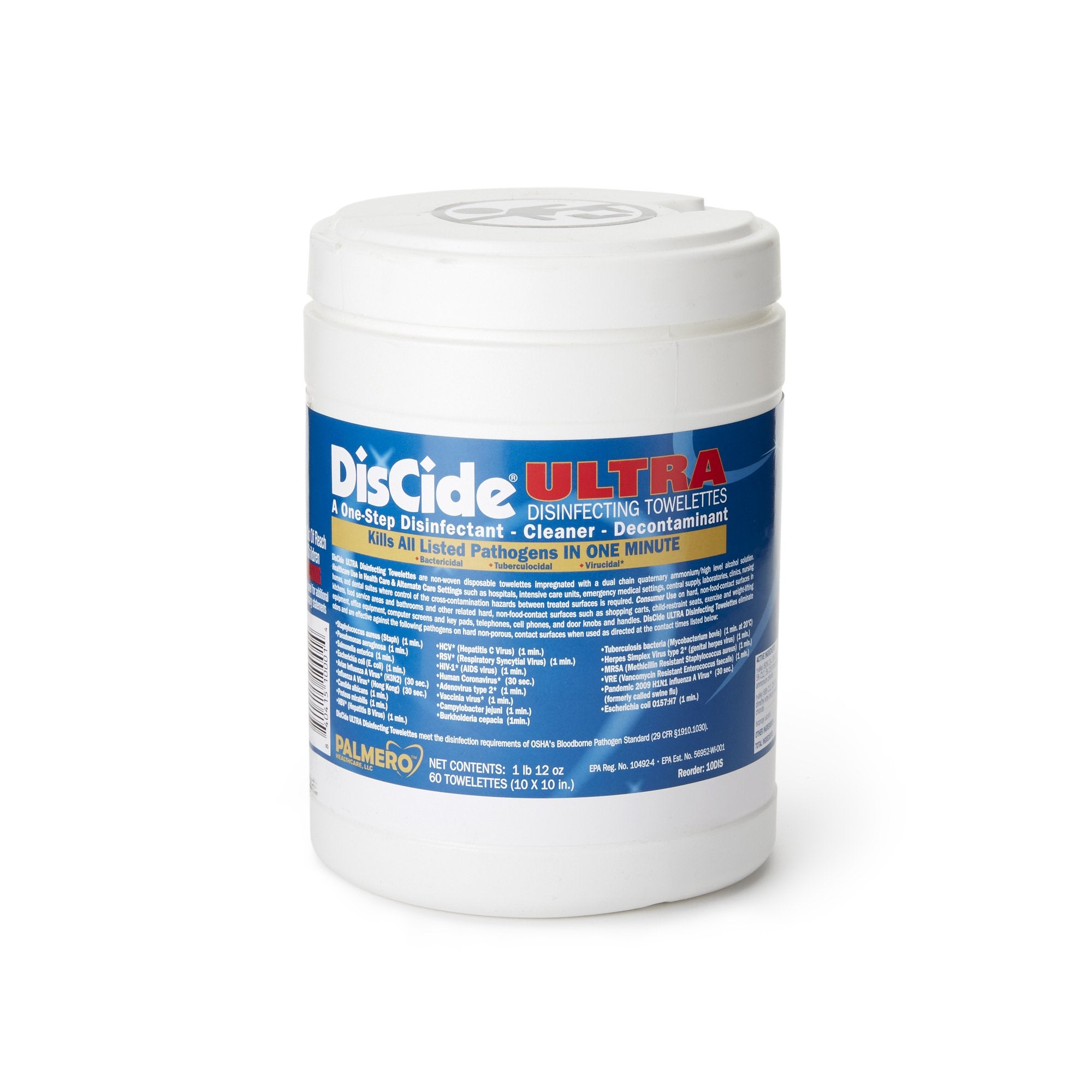 Palmero - DisCide® Ultra Surface Disinfectant Cleaner Premoistened Quaternary Based Manual Pull Wipe 60 Count Canister Herbal Scent NonSterile [60/CN]