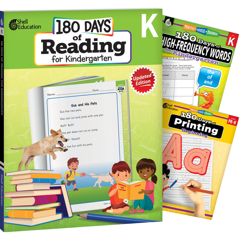 SHELL EDUCATION - 180 Days Reading, High-Frequency Words, & Printing Grade K: 3-Book Set