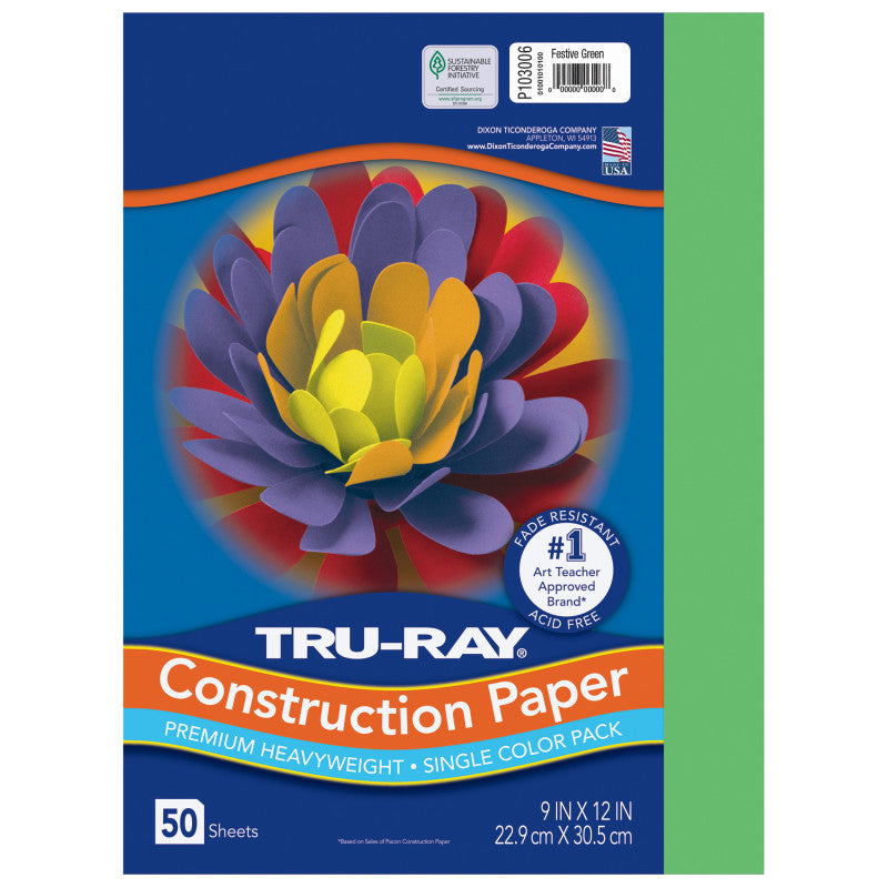 Construction Paper, Heavyweight, Festive Green, 9" x 12", 50 Sheets