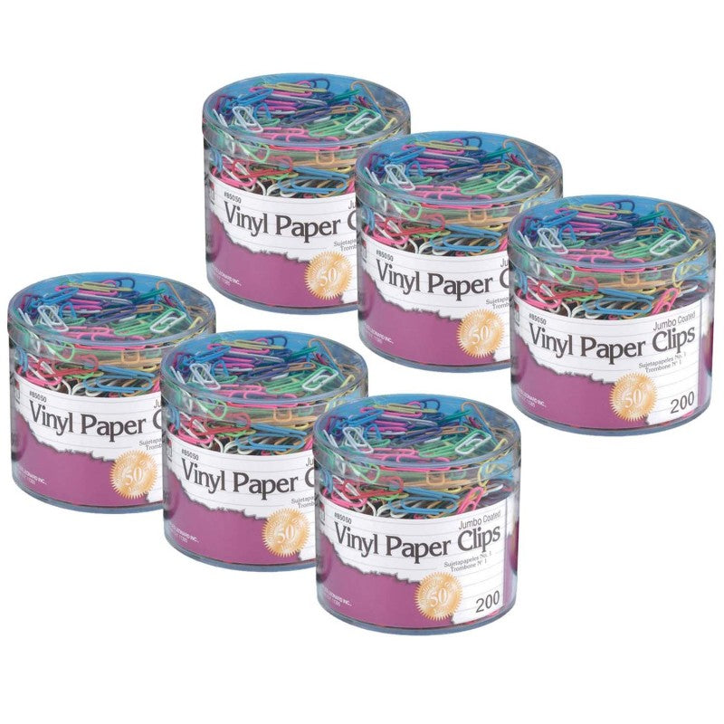 CHARLES LEONARD - Vinyl Coated Paper Clips, Jumbo Size, Assorted Colors, 200 Per Pack, 6 Packs
