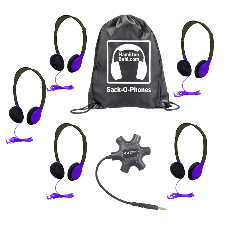 HAMILTONBUHL - Galaxy™ Econo-Line of Sack-O-Phones with 5 Purple Personal-Sized Headphones, Starfish Jackbox and Carry Bag