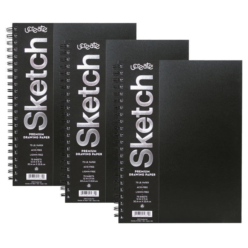 UCREATE - Poly Cover Sketch Book, Heavyweight, 12" x 9", 75 Sheets, Pack of 3