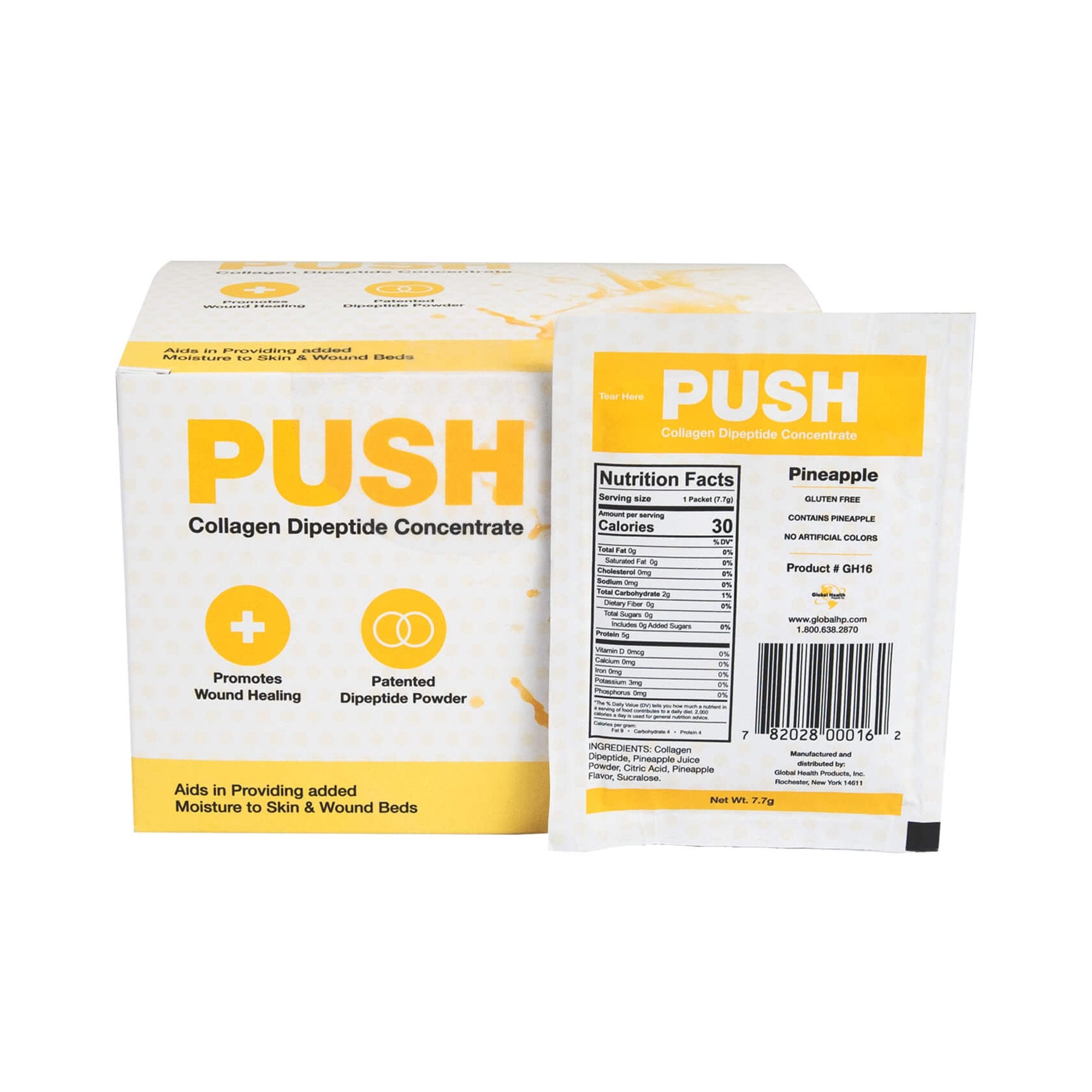Global Health Products - Oral Supplement PUSH Collagen Dipeptide Concentrate Pineapple Flavor Powder 7.7 Gram Individual Packet [30/BX]