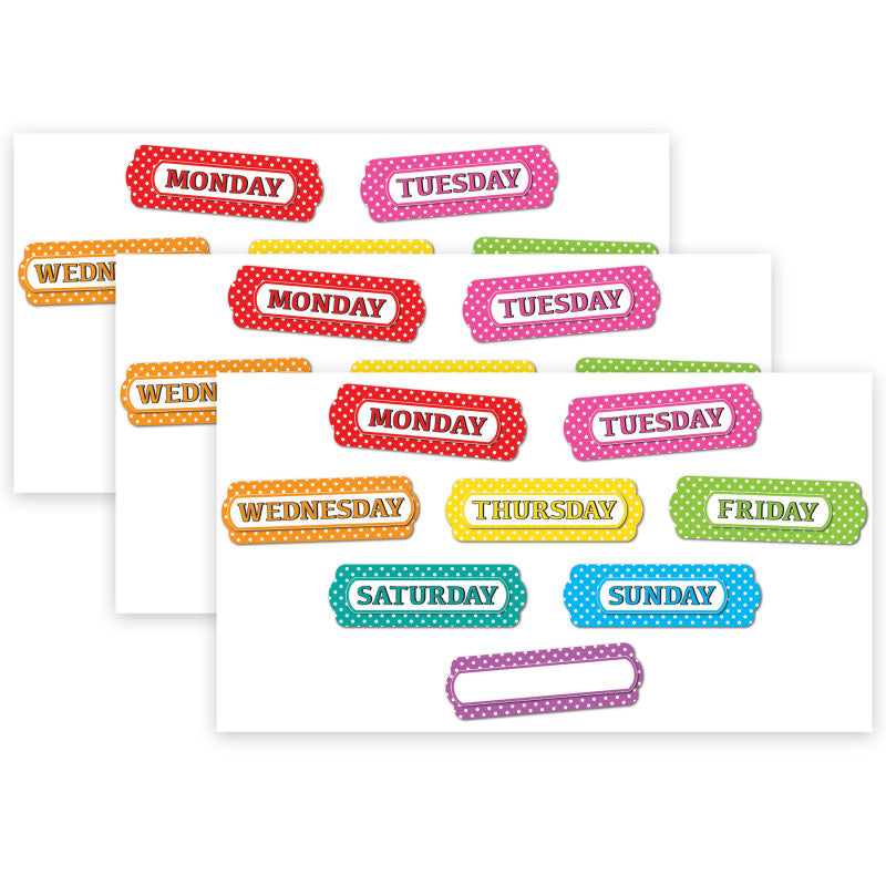 ASHLEY PRODUCTIONS - Magnetic Die-Cut Timesavers & Labels, Days of the Week, White Polka Dots On Assorted Colors, 8 Per Pack, 3 Packs
