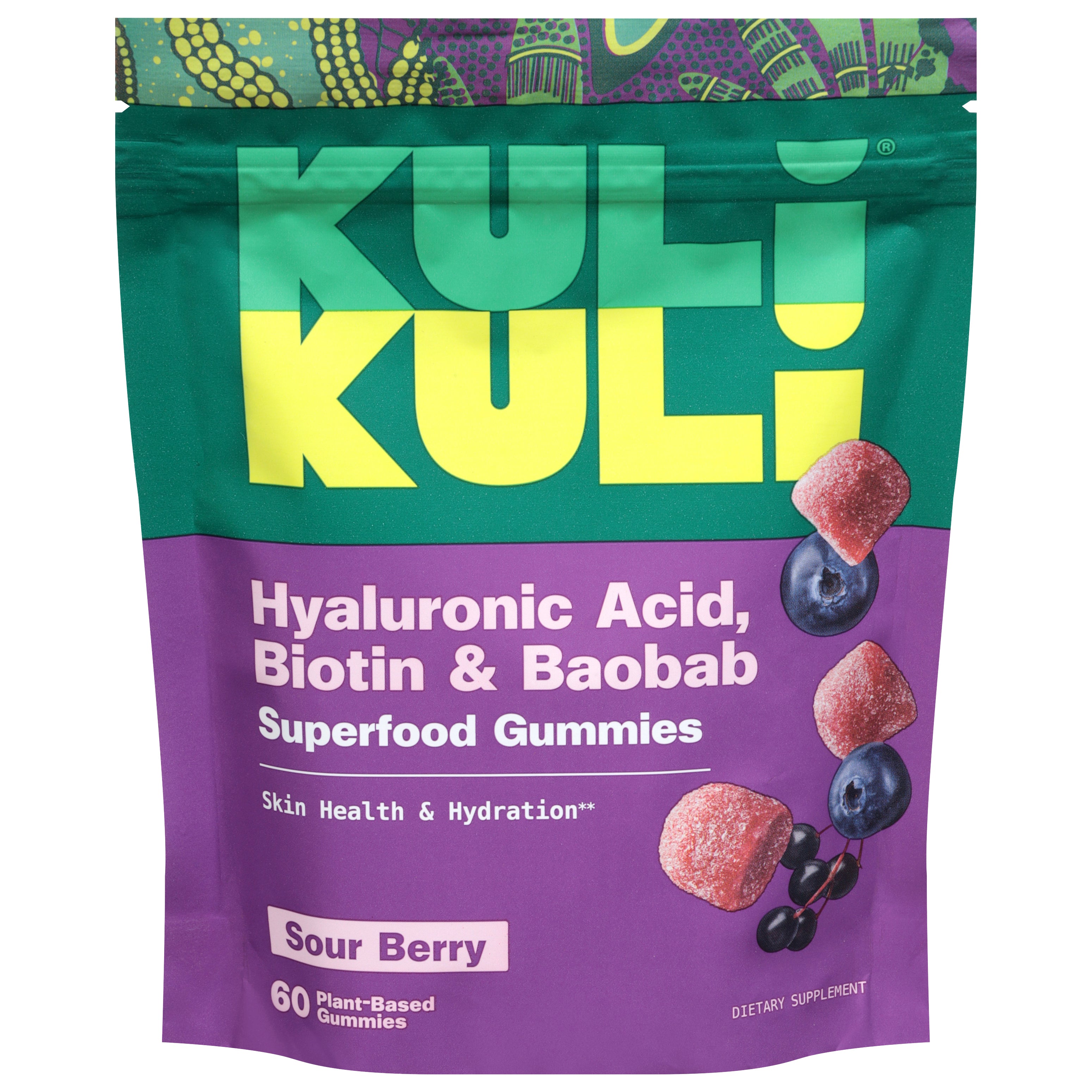 Kuli Kuli Superfood Sour Berry Hyaluronic Acid, Biotin & Baobab 60 Plant-Based Gummies - Case of 1