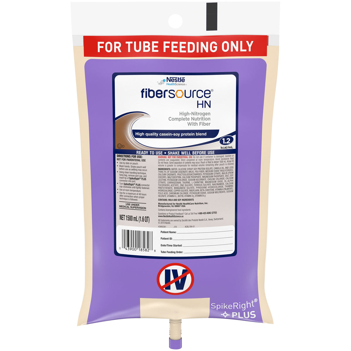 Nestle Healthcare Nutrition - Tube Feeding Formula Fibersource® HN Unflavored Liquid 1500 mL Ready to Hang Prefilled Container [1/EA]