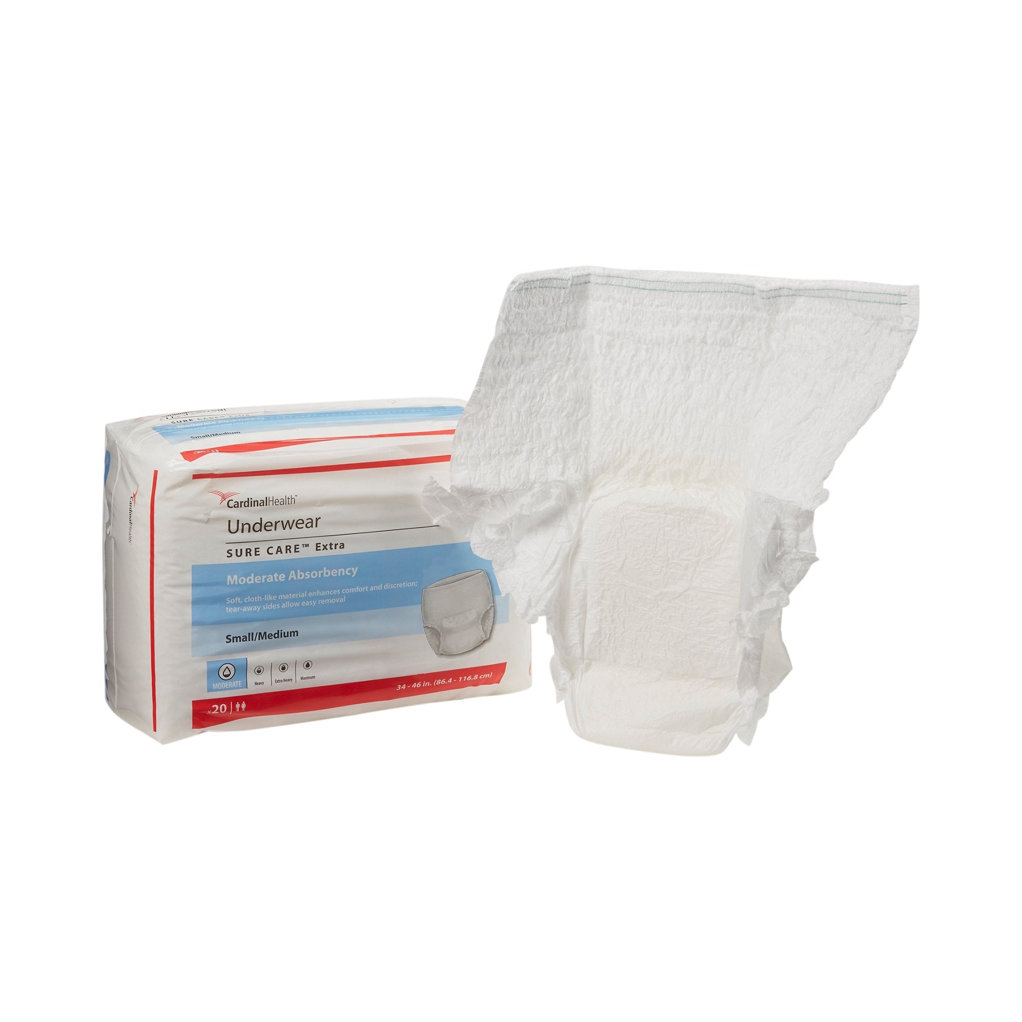 Cardinal - Unisex Adult Absorbent Underwear Sure Care™ Extra Pull On with Tear Away Seams Small / Medium Disposable Moderate Absorbency [20/BG]