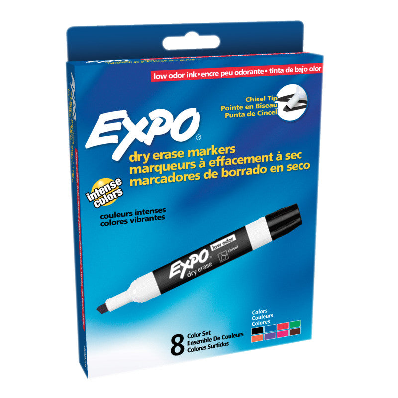 EXPO - Low-Odor Dry Erase Markers, Chisel Tip, 8 Colors, Pack of 8