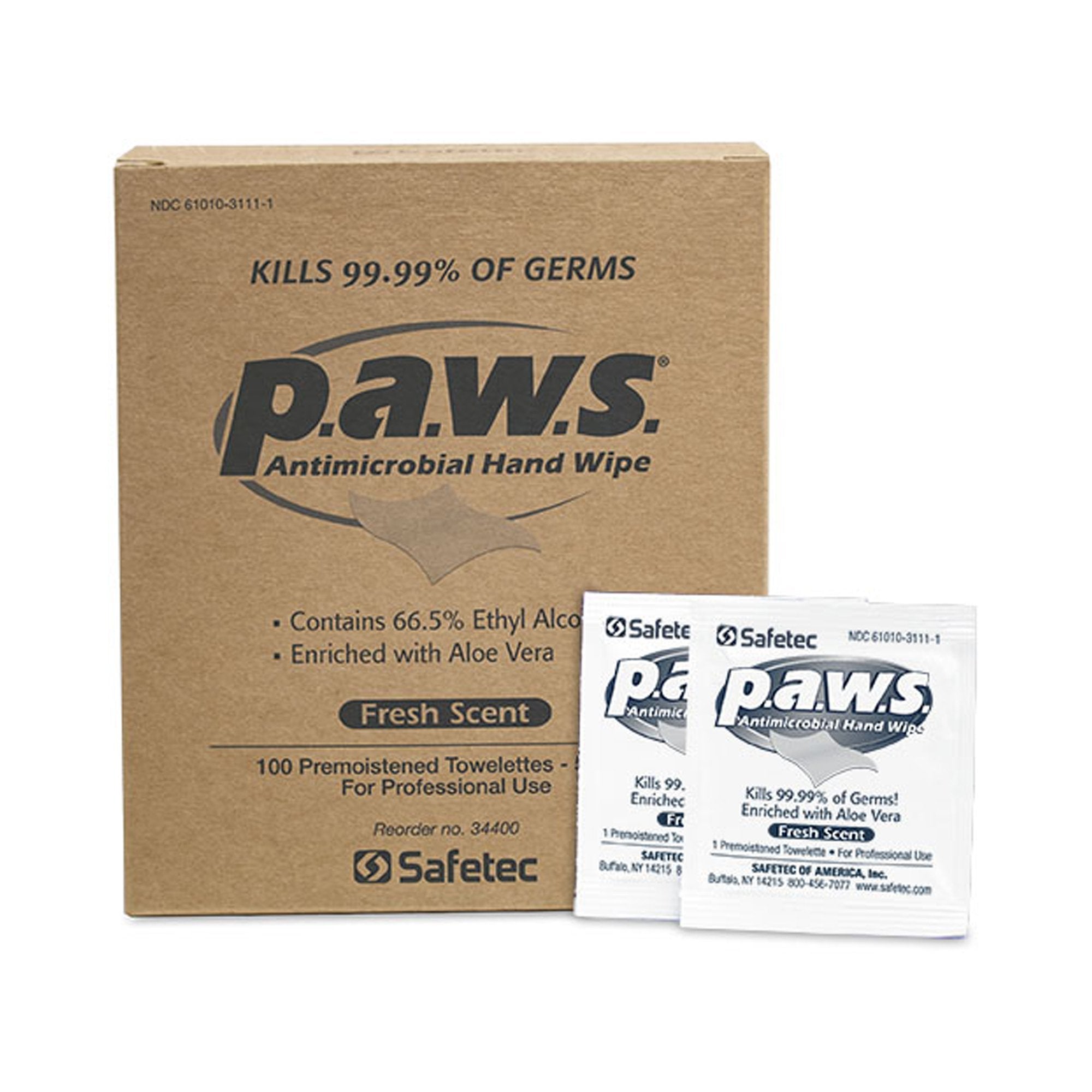 Safetec of America - Hand Sanitizing Wipe P.A.W.S.® 100 Count Ethyl Alcohol Wipe Individual Packet [100/BX]