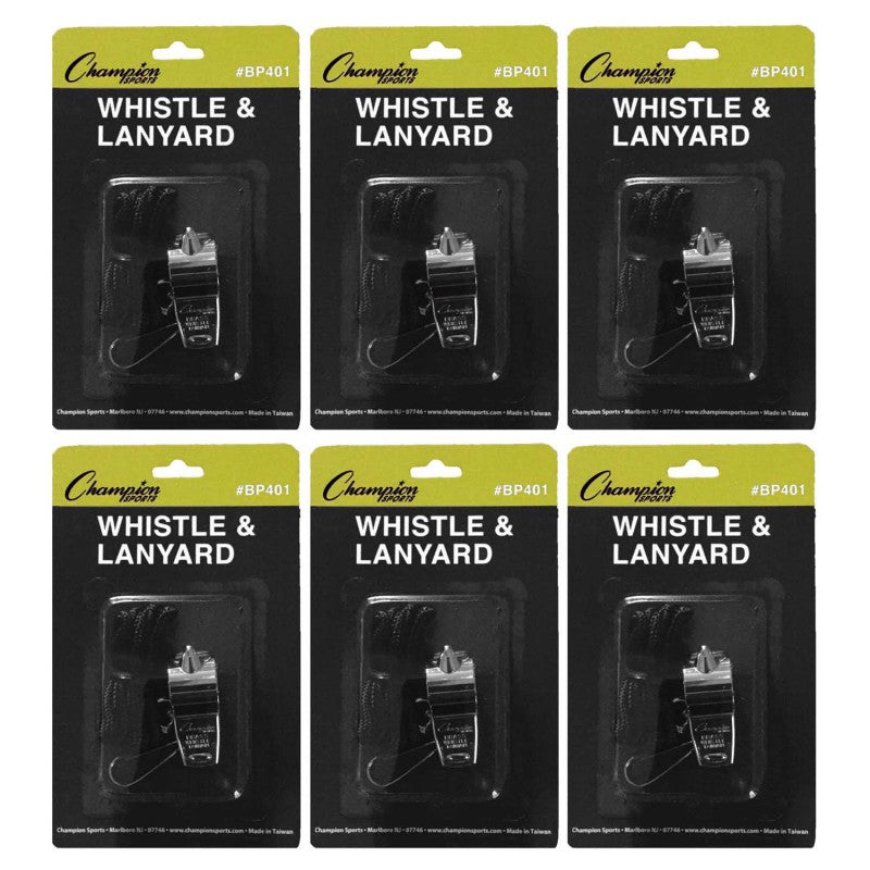 CHAMPION SPORTS - Metal Whistle & Black Lanyard Pack, 6 Packs