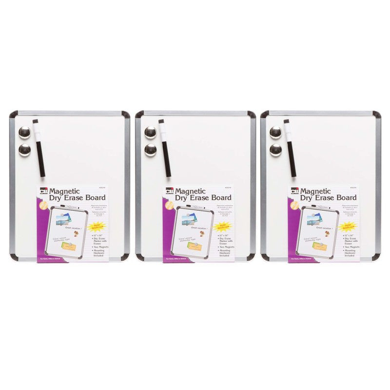 CHARLES LEONARD - Framed Magnetic Dry Erase Board with Marker & Magnets, Silver Frame, 11" x 14", Pack of 3