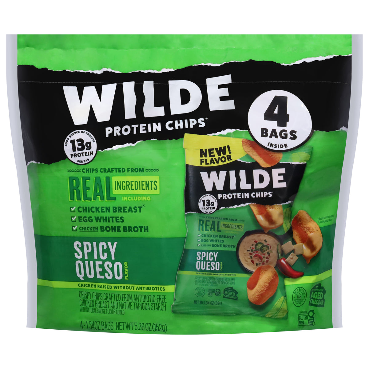 Wilde Spicy Queso Flavor Protein Chips 4 - 1.34 oz Bags - Case of 8