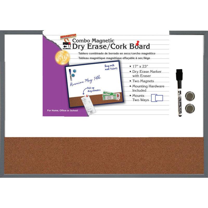 CHARLES LEONARD - Magnetic Dry Erase Board with Cork Board, 17" x 23", w/Eraser/Marker and 2 Magnets, Gray Frame, 1 Each