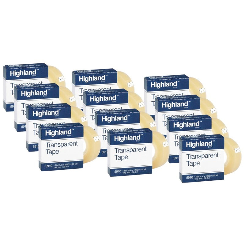 HIGHLAND - Transparent Tape, 3/4" x 1296", 1" Core, Clear, 12 Rolls