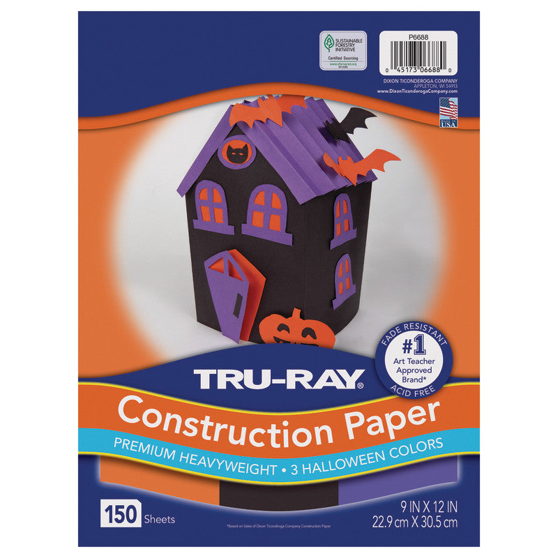 Construction Paper, Heavyweight, Halloween Assortment, Black, Orange, Purple, 9" x 12", 150 sheets
