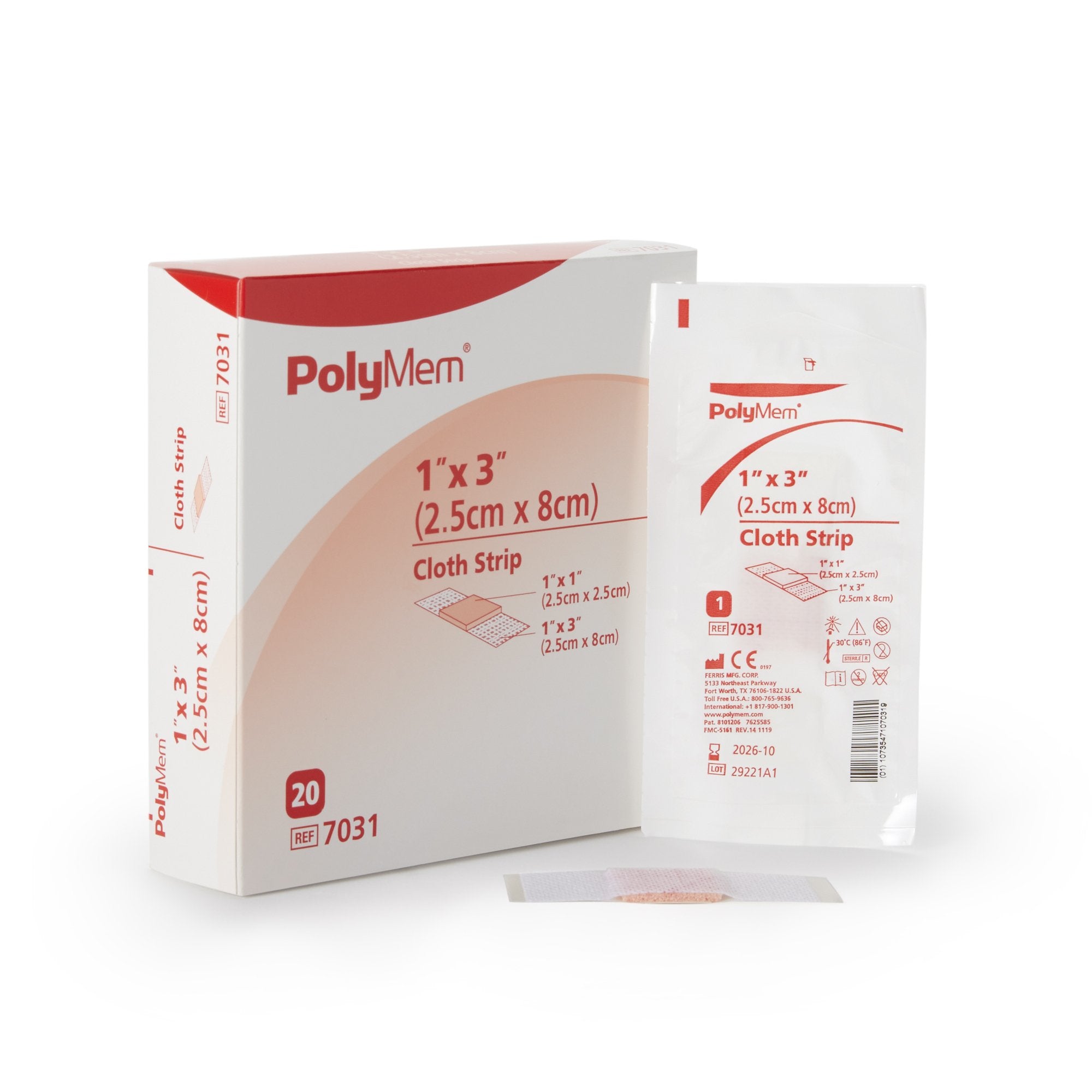 Ferris Manufacturing - Adhesive Strip PolyMem® 1 X 3 Inch Polyurethane / Film Rectangle Pink / White Sterile [20/BX]