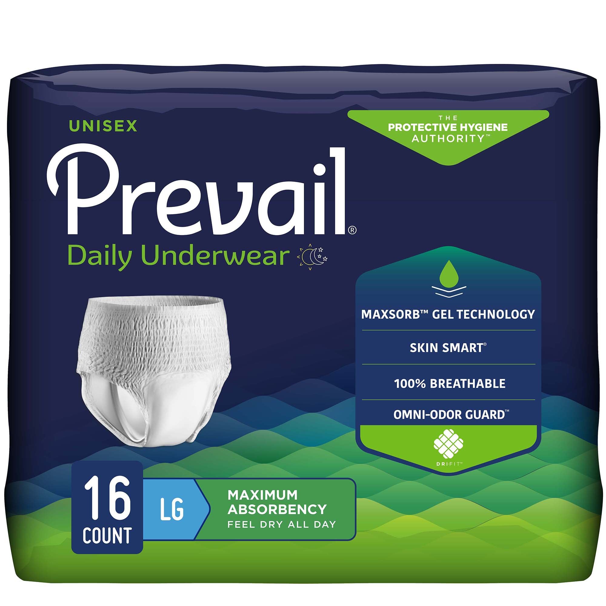 First Quality - Unisex Adult Absorbent Underwear Prevail® Daily Underwear Maximum Pull On with Tear Away Seams Large Disposable Heavy Absorbency [16/PK]