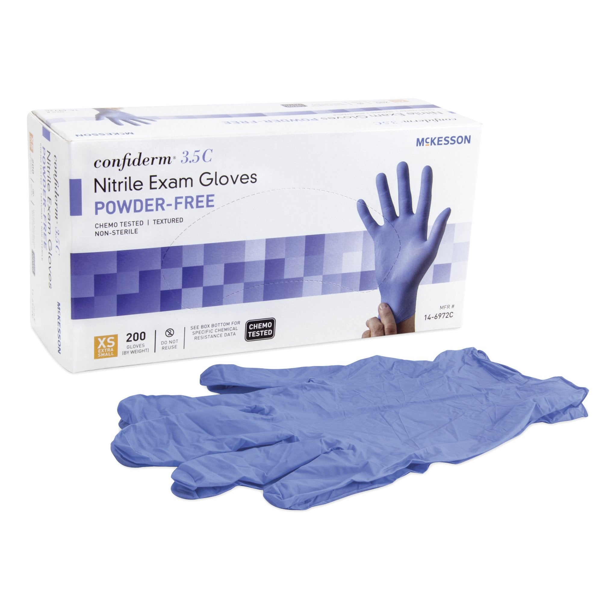 McKesson Brand - Exam Glove McKesson Confiderm® 3.5C X-Small NonSterile Nitrile Standard Cuff Length Textured Fingertips Blue Chemo Tested [200/BX]