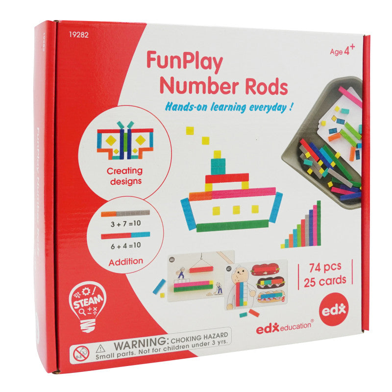 EDXEDUCATION - FunPlay Number Rods - Set of 74 Math Manipulatives + 50 Activities + Messy Tray