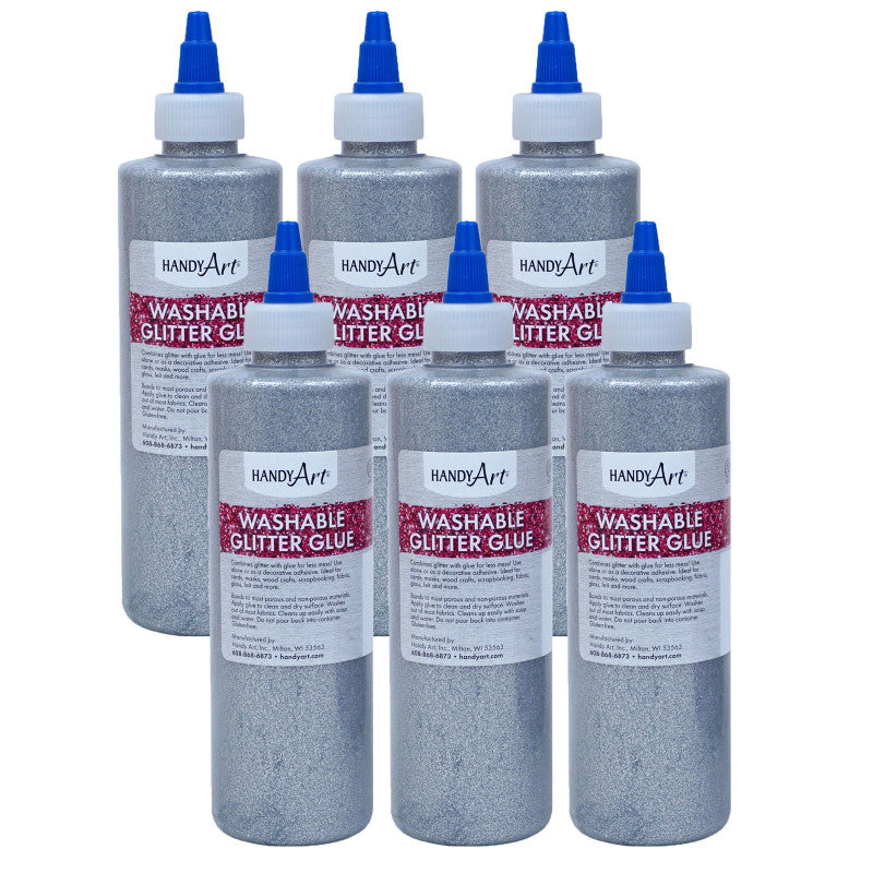 HANDY ART - Washable Glitter Glue, 8 oz., Silver, Pack of 6
