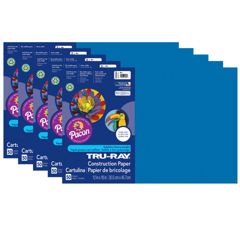 TRU-RAY - Construction Paper, Blue, 12" x 18", 50 Sheets Per Pack, 5 Packs (PAC103054-5)