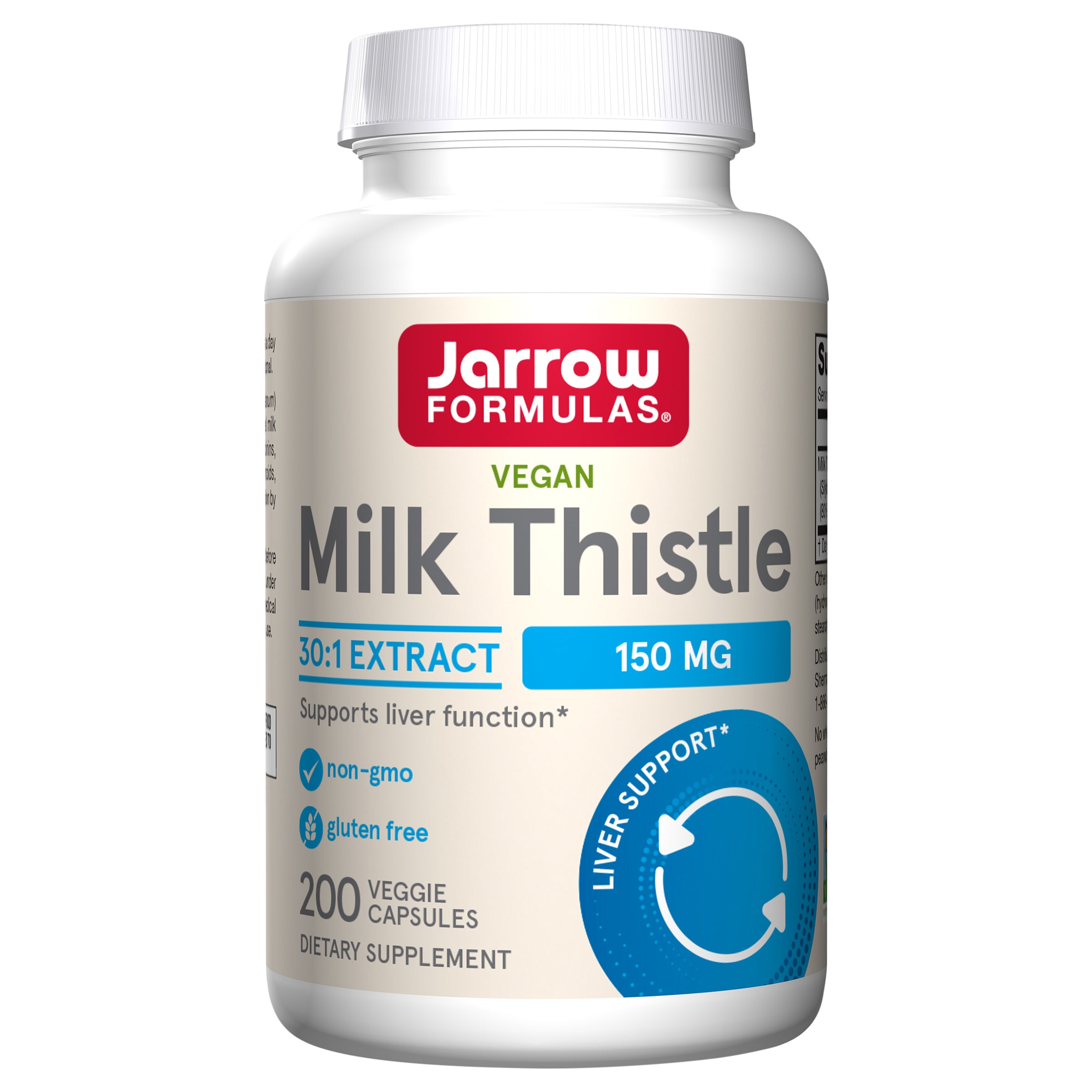 Jarrow Formulas Milk Thistle Supplement 150 mg. 30:1 Milk Thistle Extract Standardized to 80% Total Flavonoids, Dietary Supplement for Liver Function Support, 200 Veggie Capsules, Up to 200 Day Supply - Case of 1