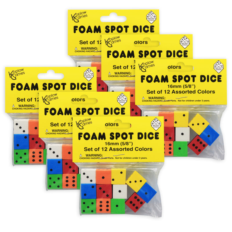 KOPLOW GAMES - Assorted Color Spot 16mm Foam Dice, 12 Per Pack, 6 Packs