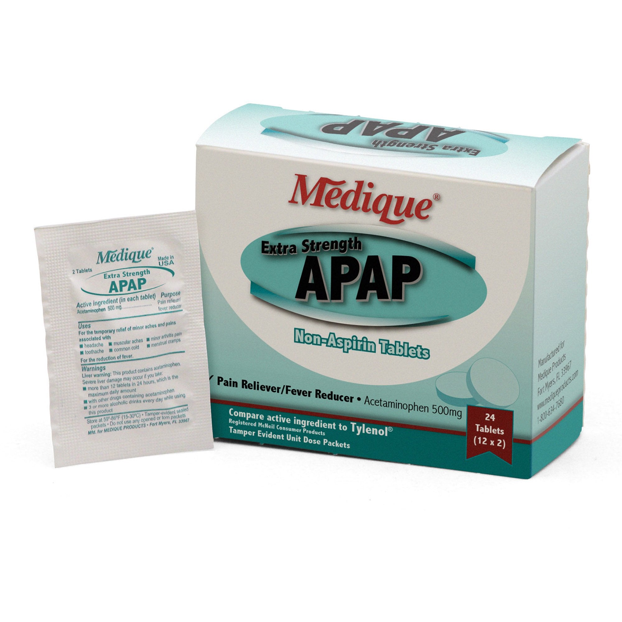 Medique Products - Pain Relief APAP Extra Strength 500 mg Strength Acetaminophen Unit Dose Tablet 12 per Box [24/BX]