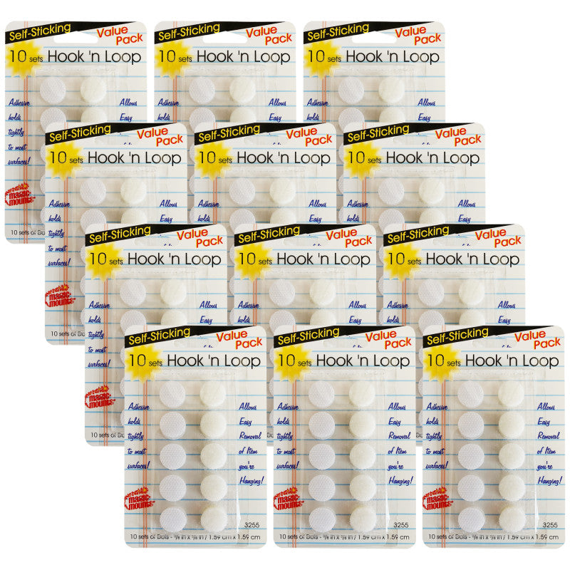 MAGIC-MOUNTS - Self-Sticking Hook 'N Loop Dots 5/8", White, 10 Sets Per Pack, 12 Packs