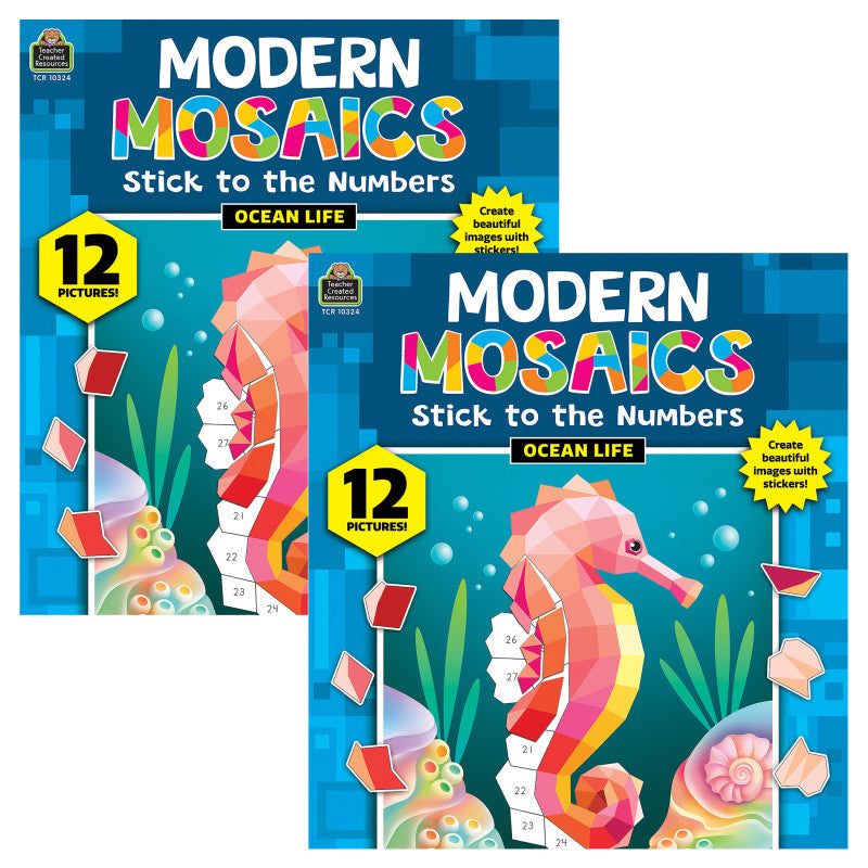 TEACHER CREATED RESOURCES - Ocean Life Modern Mosaics Stick to the Numbers Activity Book, Pack of 2