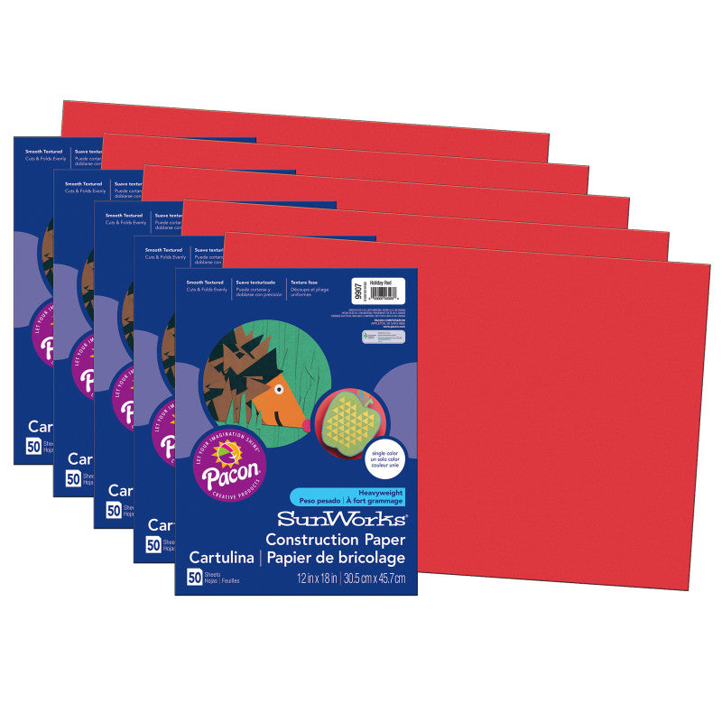 PRANG - Construction Paper, Holiday Red, 12" x 18", 50 Sheets Per Pack, 5 Packs (PAC9907-5)