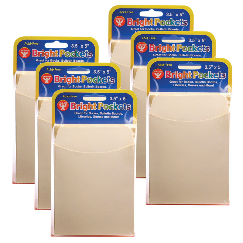 HYGLOSS - Library Pockets, 3.5" x 4.5", Non-Adhesive, Manila, 40 Per Pack, 6 Packs