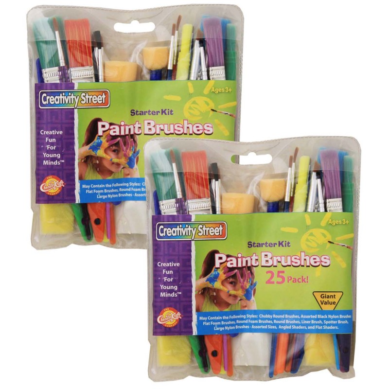 CREATIVITY STREET - Starter Brush Assortment, Assorted Colors & Sizes, 25 Brushes Per Pack, 2 Packs