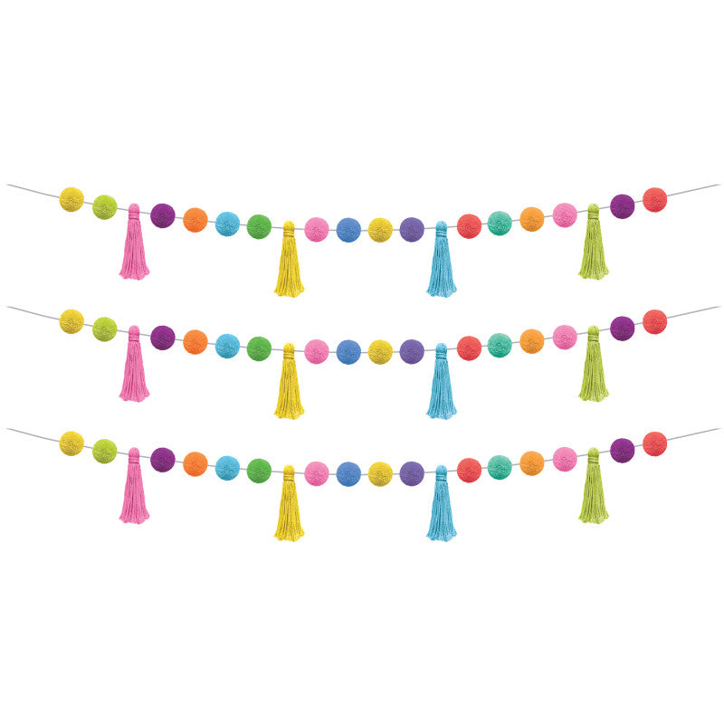 TEACHER CREATED RESOURCES - Colorful Pom-Poms and Tassels Garland, Pack of 3