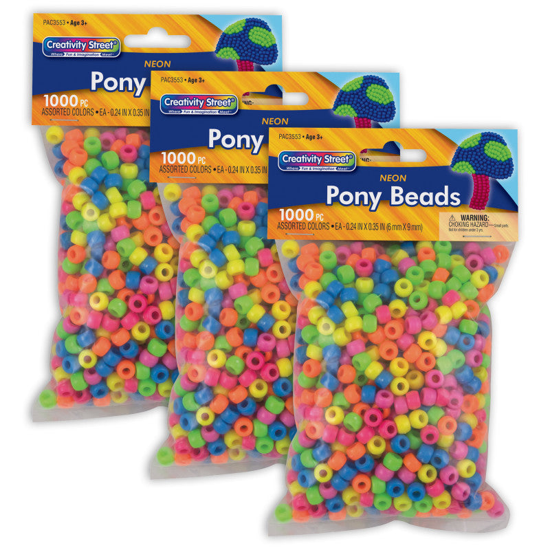 CREATIVITY STREET - Pony Beads, Assorted Neon, 6 mm x 9 mm, 1000 Per Pack, 3 Packs