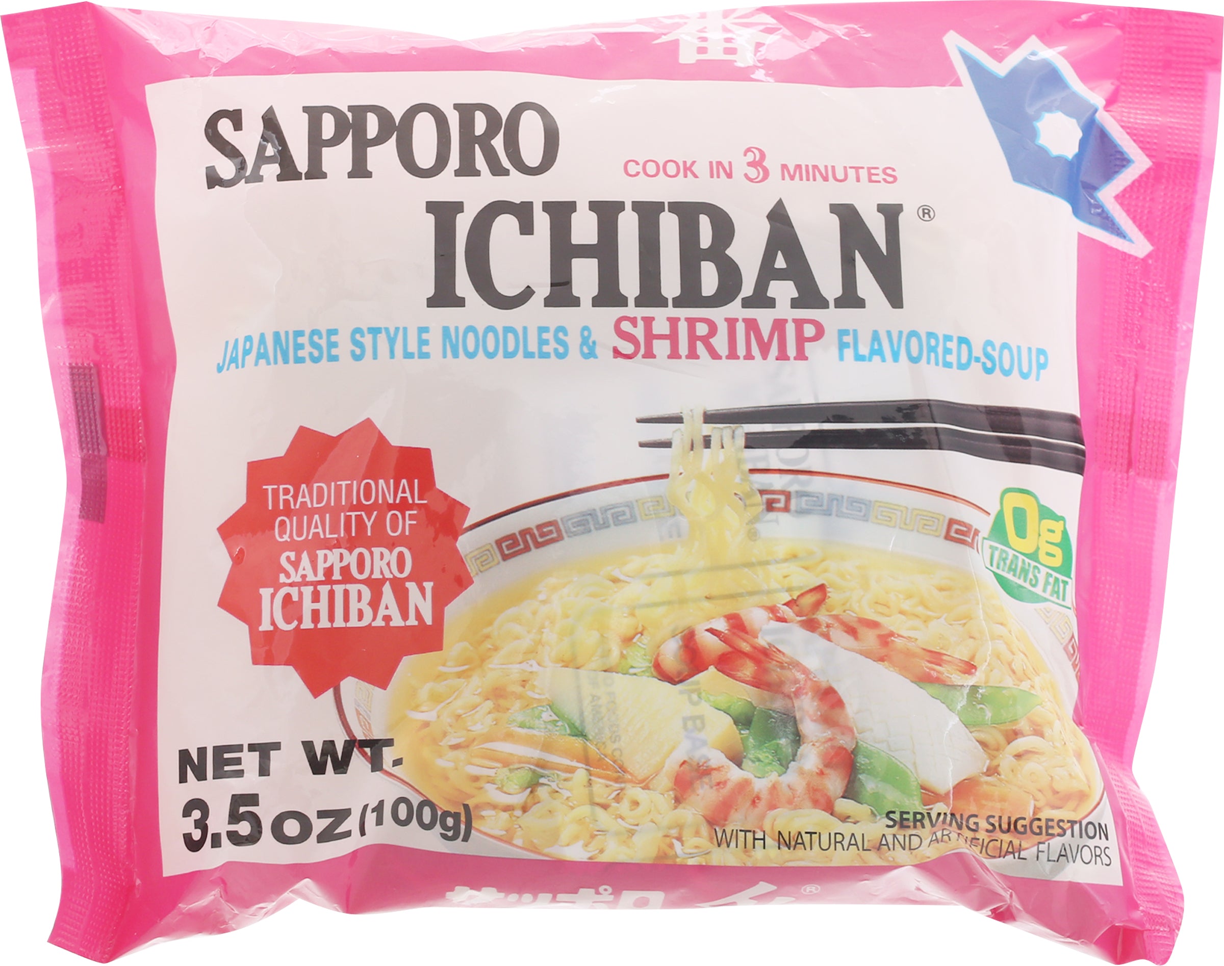 Sapporo Ichiban Shrimp Flavored-Soup Japanese Style Noodles & Shrimp Flavored-Soup 3.5 oz Bag - Case of 24