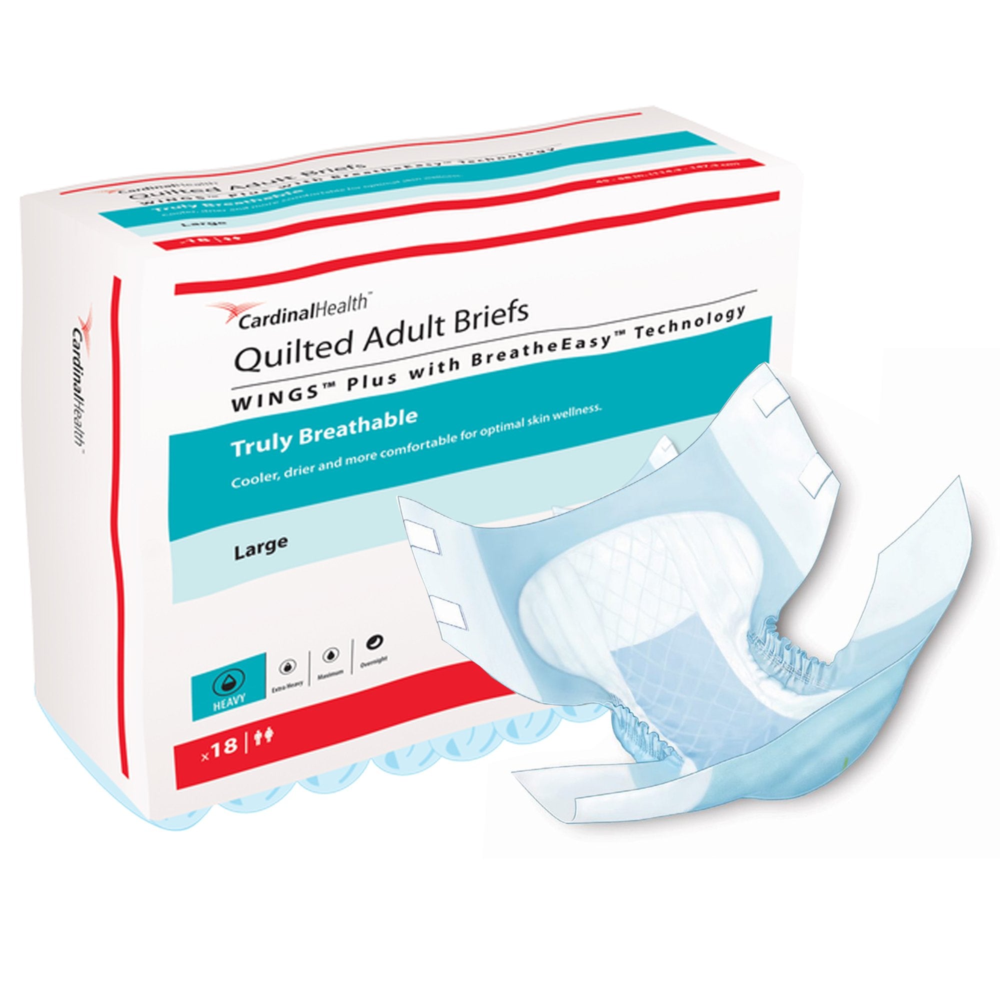 Cardinal - Unisex Adult Incontinence Brief Wings™ Quilted Plus with BreatheEasy™ Technology Large Disposable Heavy Absorbency [72/CS]