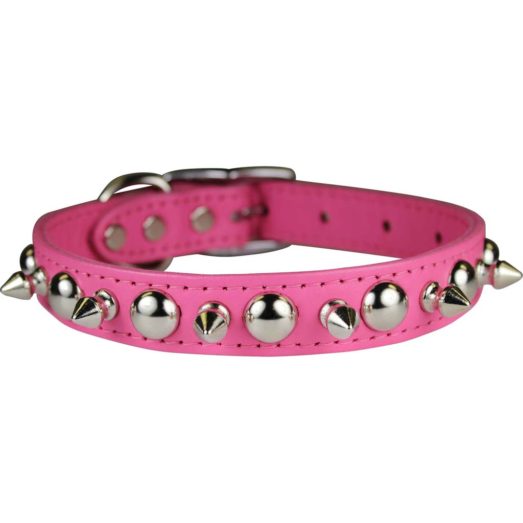 Leather Spike/Stud Dog Collar (PINK, 3/4X16IN)