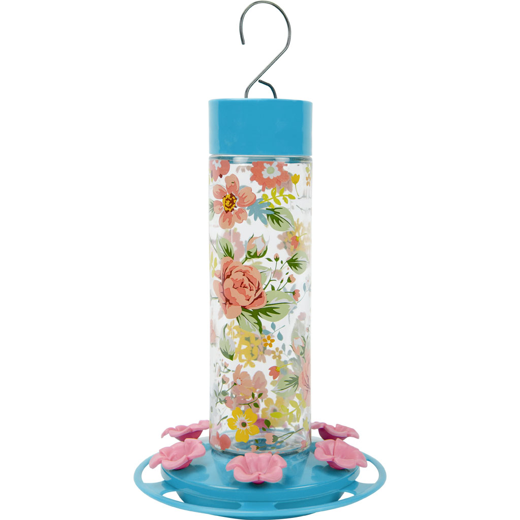 Charming Peony Decorative Glass Hummingbird Feeder (TEAL BLUE, 20 OZ CAP)