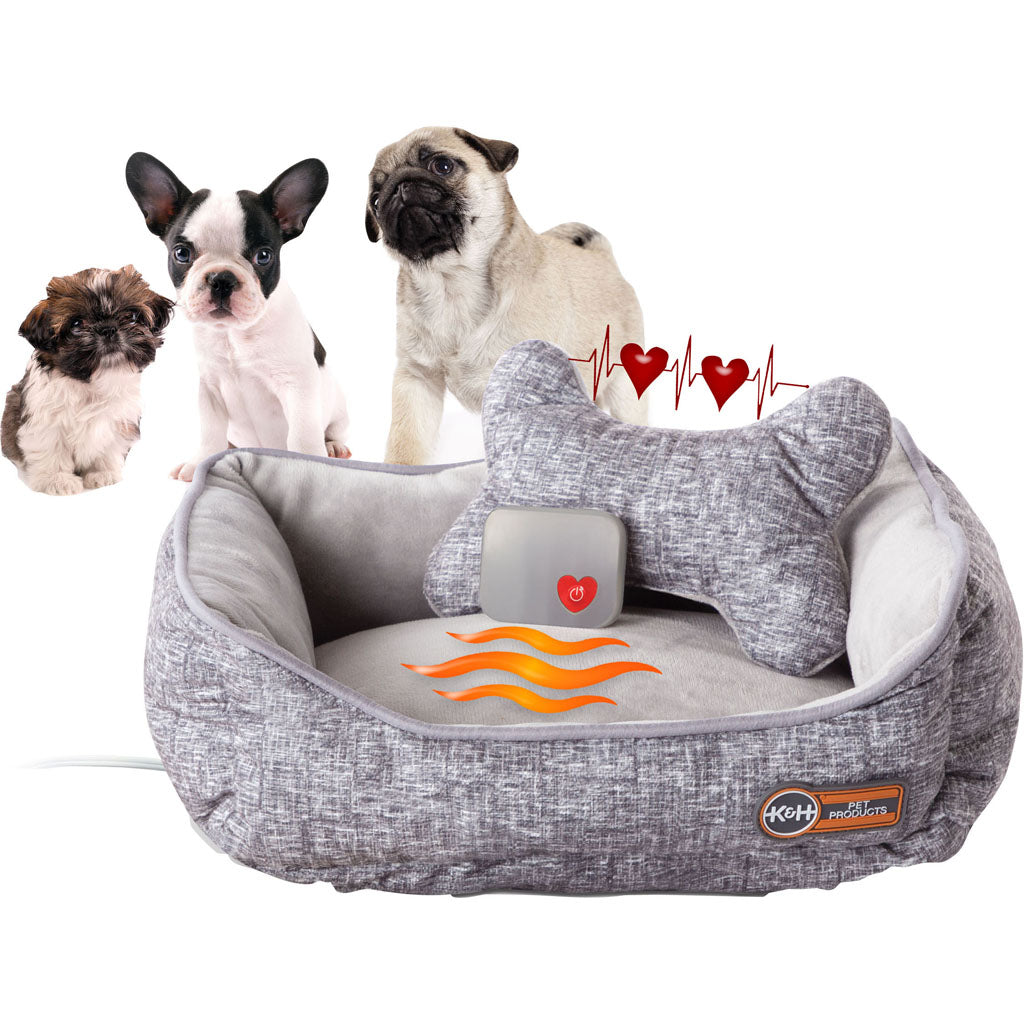 Mother'S Heartbeat Puppy Heated Bed & Bone Pillow (GRAY, SM)