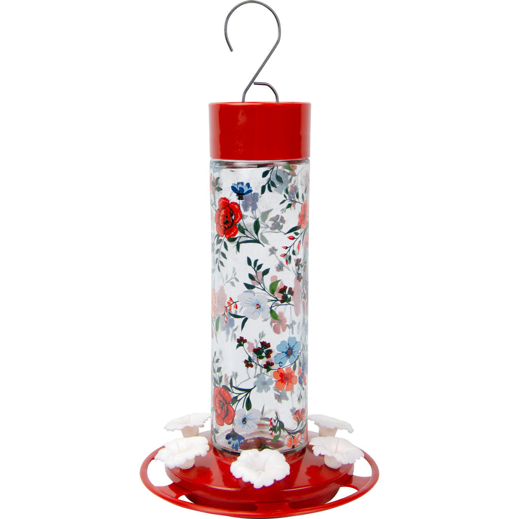 Vintage Blossom Decorative Glass Hummingbird Feede (RED, 20 OZ CAP)
