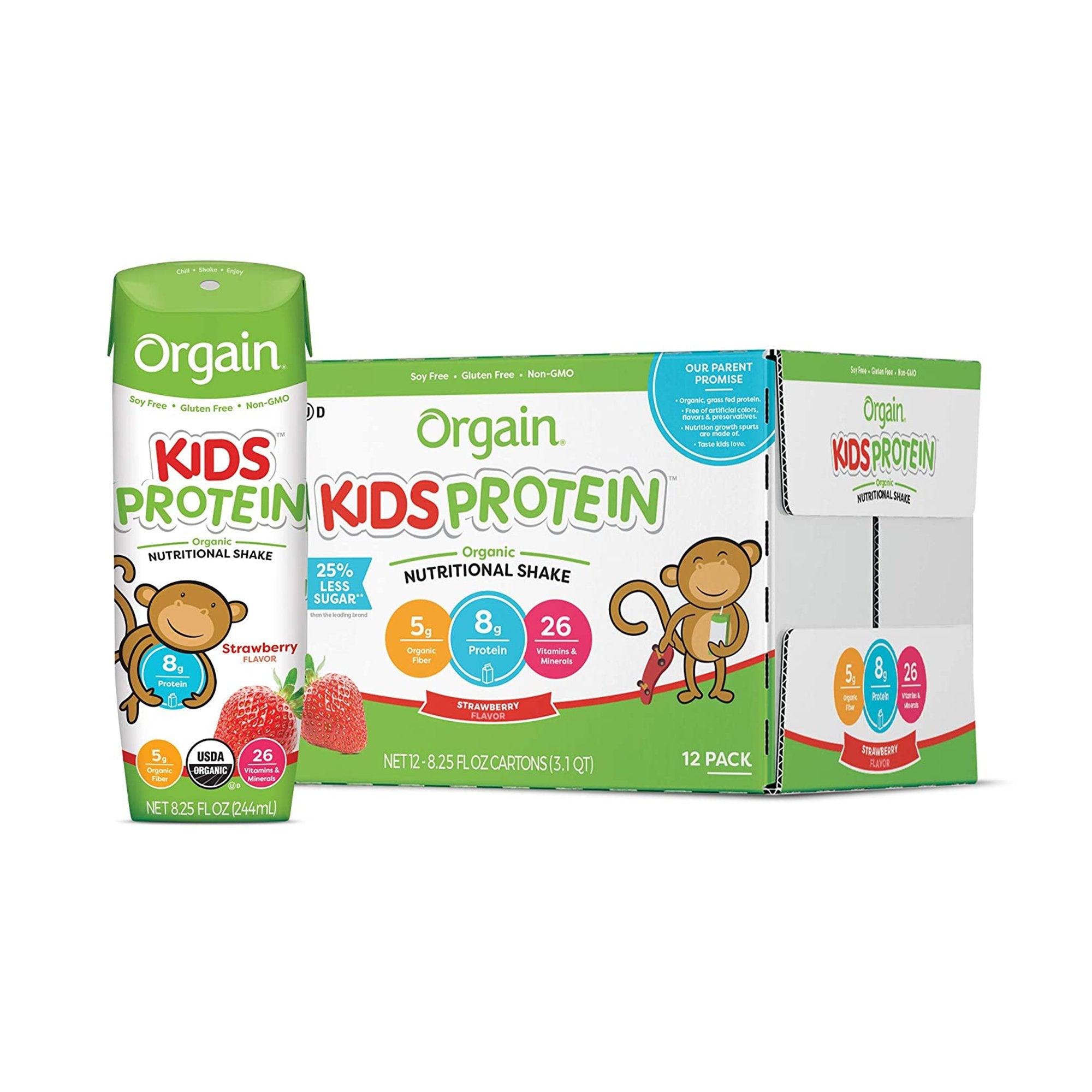 Orgain Inc - Pediatric Oral Supplement Orgain® Kids Protein™ Organic Nutritional Shake Strawberry Flavor 8.25 oz. Carton Liquid Organic [12/CS]