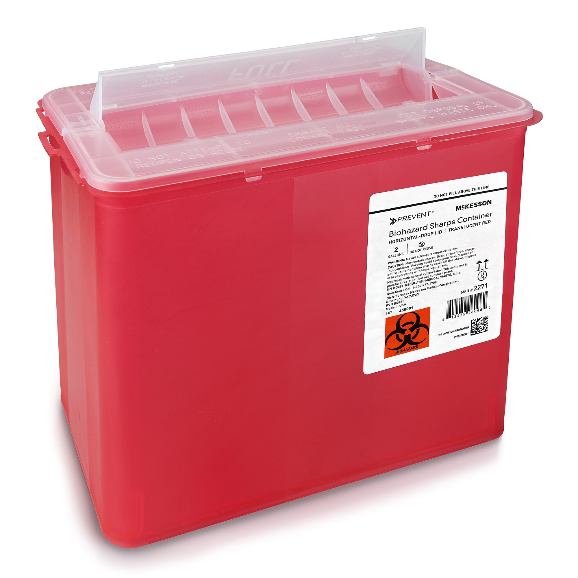 McKesson Brand - Sharps Container McKesson Prevent® Translucent Red Base 9-1/4 H X 10 W X 6 D Inch Horizontal Entry 2 Gallon [20/CS]