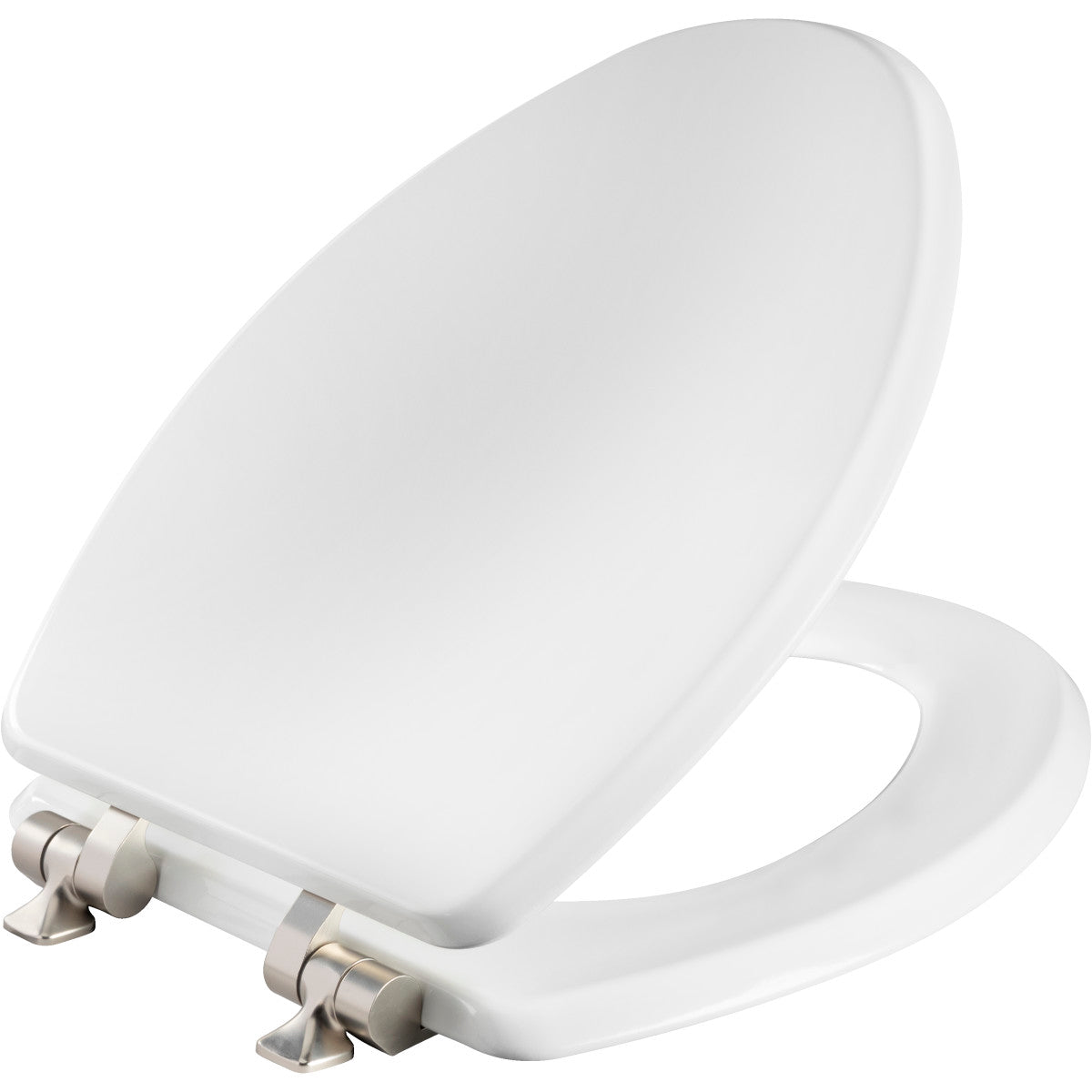 Mayfair Benton® Elongated Enameled Wood Toilet Seat in White with STA-TITE® Seat Fastening System® and Whisper•Close® Brushed Nickel Hinge