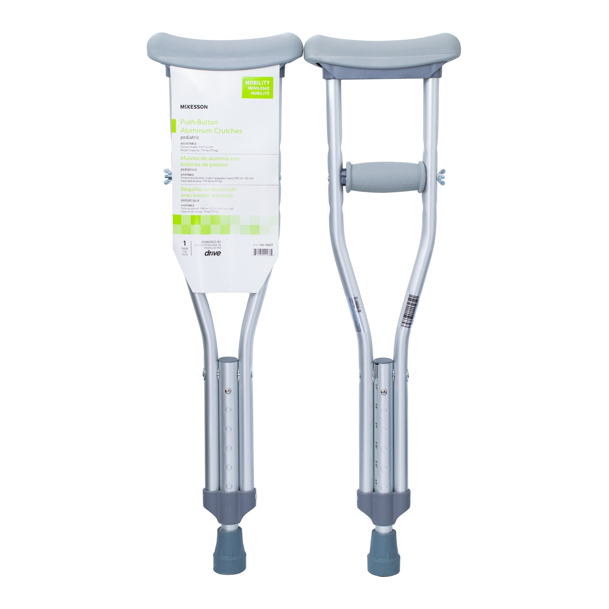 McKesson Brand - Underarm Crutches McKesson Pediatric 3 Foot 7 Inch to 4 Foot User Height Aluminum Frame 175 lbs. Weight Capacity [10/CS]