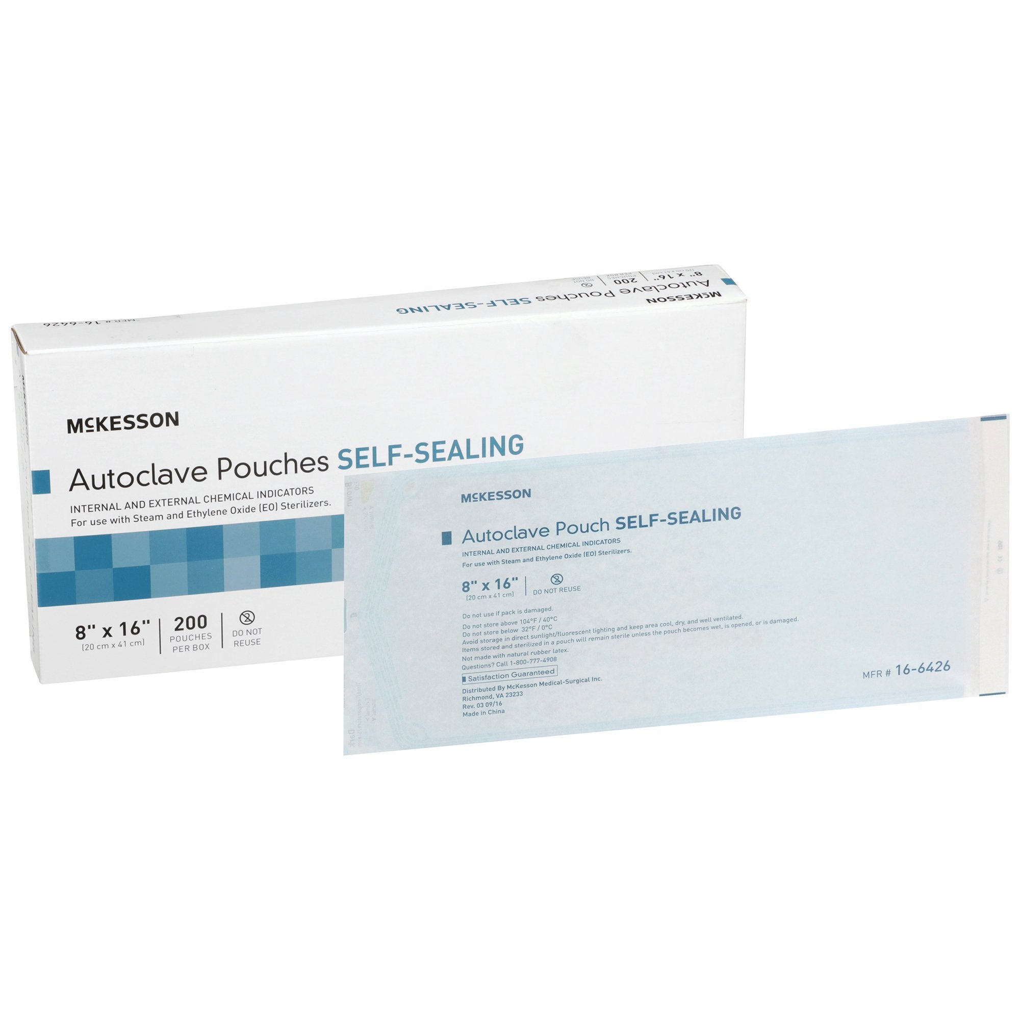 McKesson Brand - Sterilization Pouch McKesson Ethylene Oxide (EO) Gas / Steam 8 X 16 Inch Transparent Blue / White Self Seal Paper / Film [1000/CS]