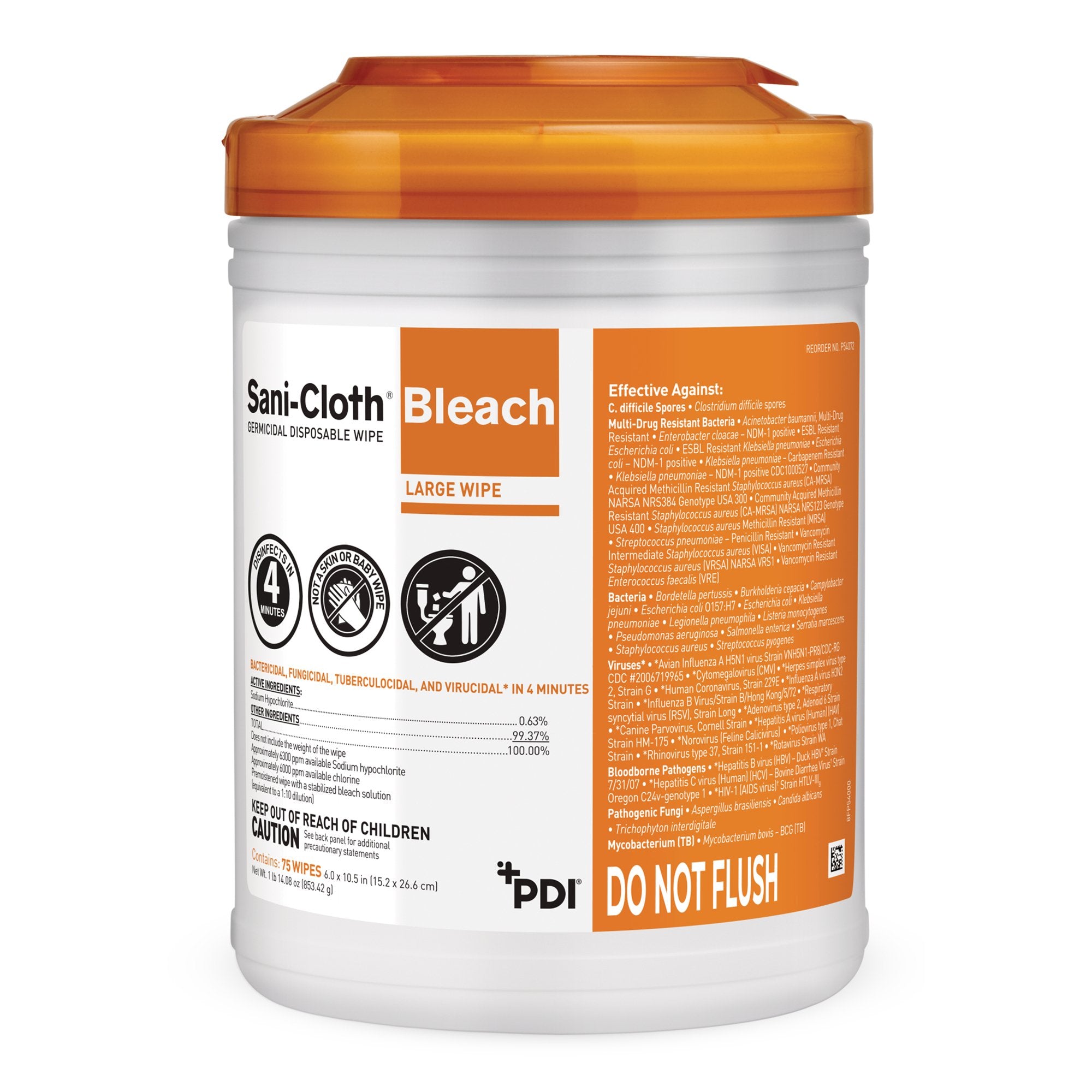 Professional Disposables - Sani-Cloth® Bleach Surface Disinfectant Cleaner Premoistened Germicidal Manual Pull Wipe 75 Count Canister Chlorine Scent NonSterile [12/CS]