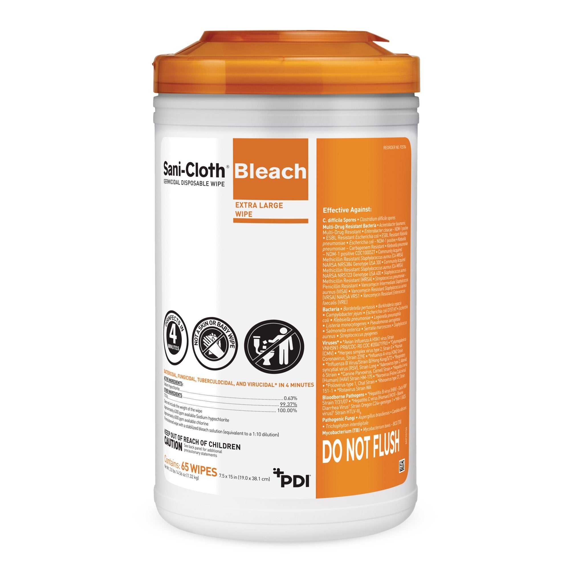 Professional Disposables - Sani-Cloth® Bleach Surface Disinfectant Cleaner Premoistened Germicidal Manual Pull Wipe 65 Count Canister Chlorine Scent NonSterile [6/CS]