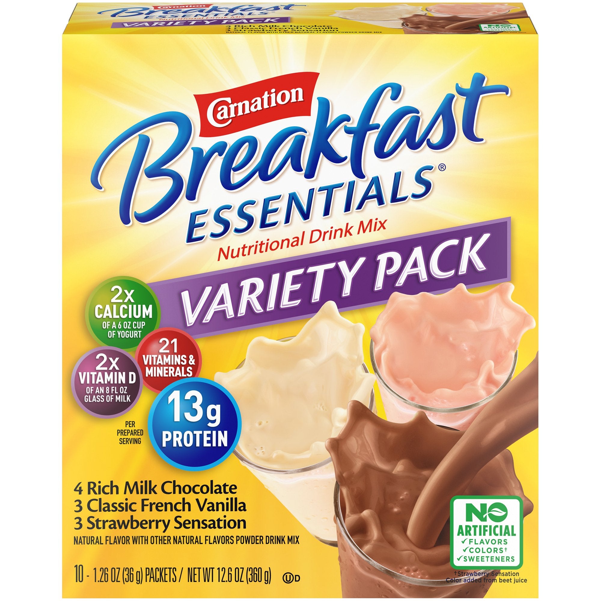Nestle Clinical Nutritional - Oral Supplement Carnation Breakfast Essentials® Rich Milk Chocolate / Classic French Vanilla / Strawberry Sensation Flavor Powder 1.26 oz. Individual Packet [60/CS]