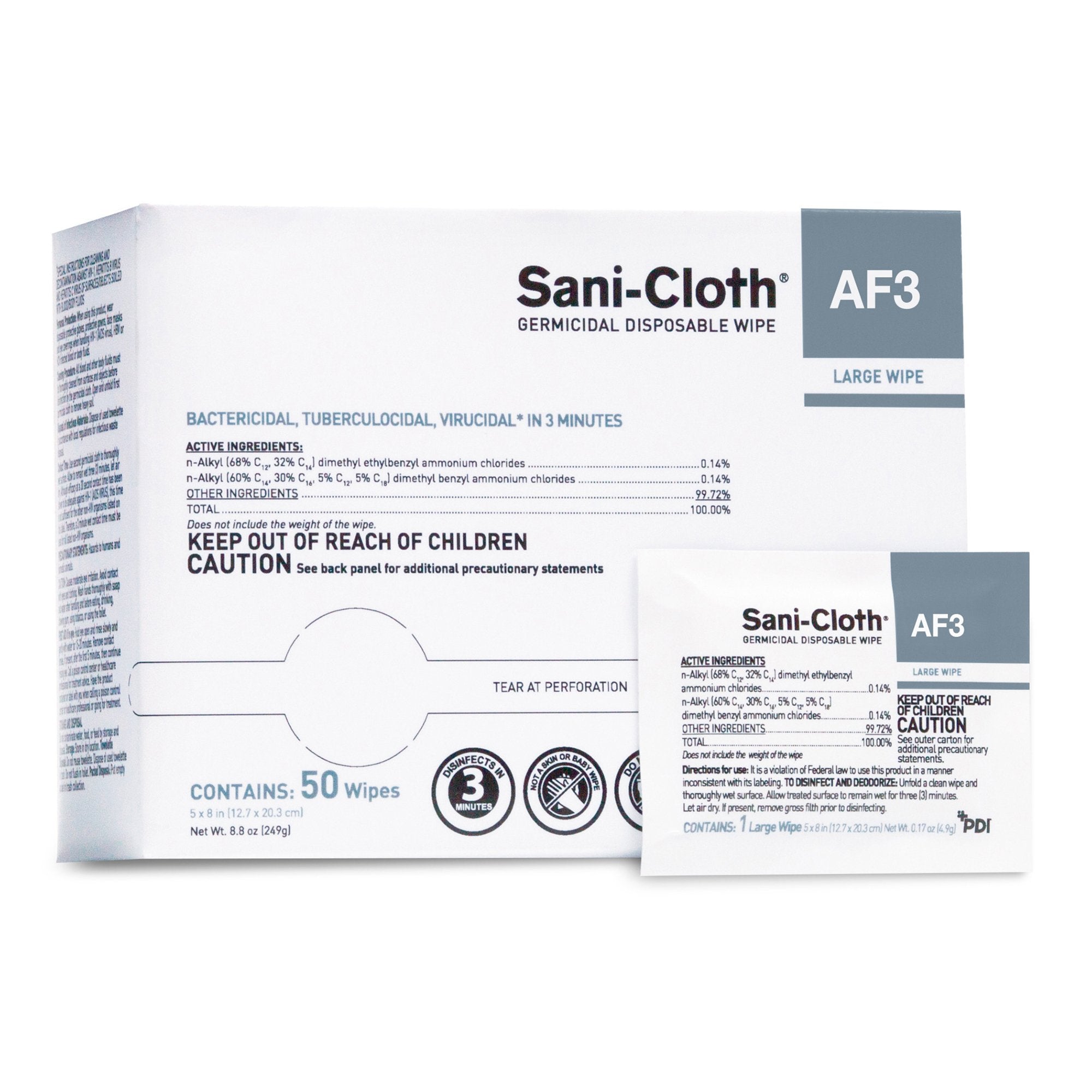 Professional Disposables - Sani-Cloth® AF3 Surface Disinfectant Cleaner Premoistened Germicidal Manual Pull Wipe 50 Count Individual Packet Unscented NonSterile [500/CS] (824245_CS)